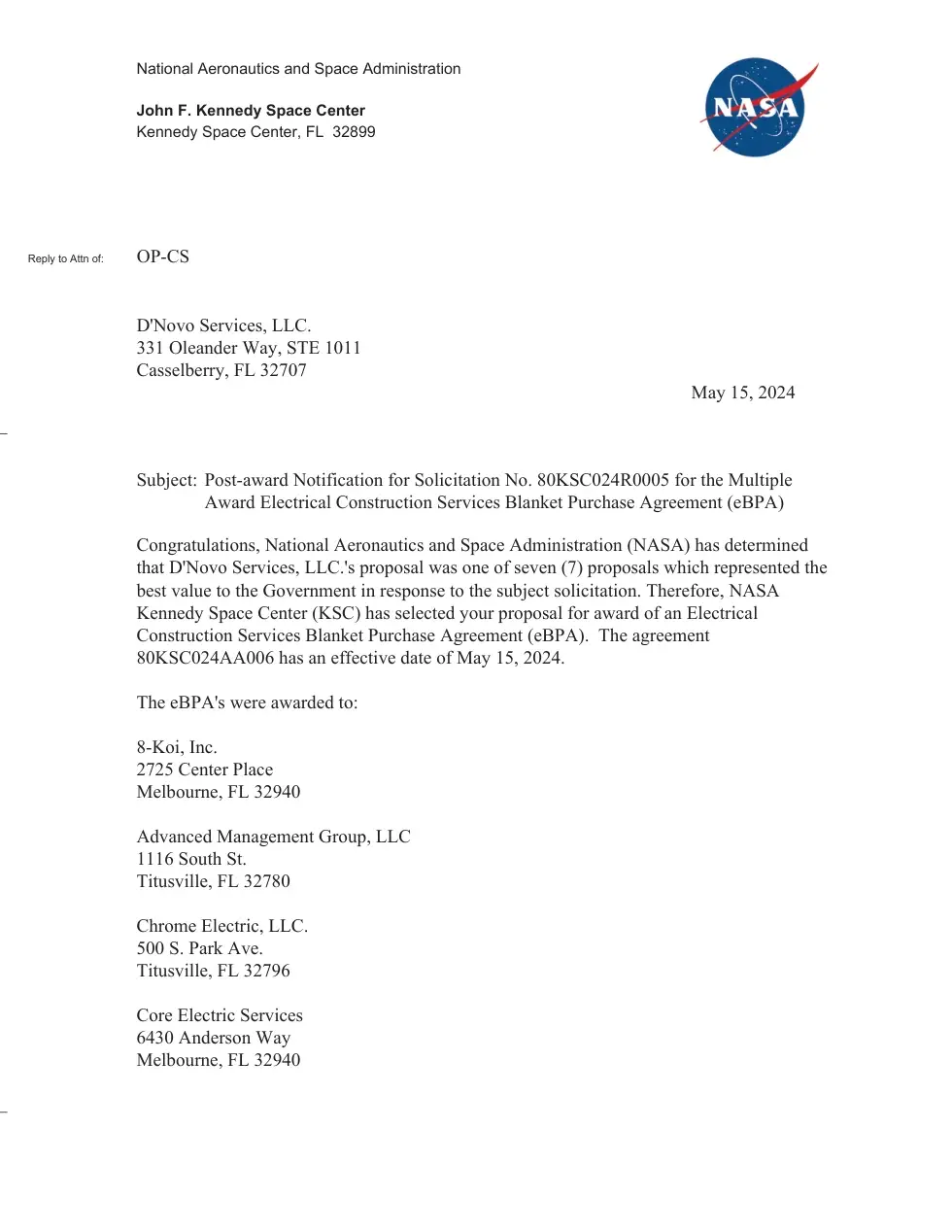 NASA award notification document